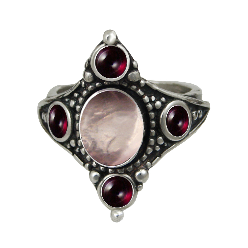 Sterling Silver Renaissance Queen's Ring With Rose Quartz And Garnet Size 12